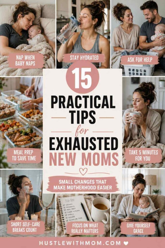 Pinterest collage showing realistic daily survival tips for exhausted new moms with helpful motherhood hacks.