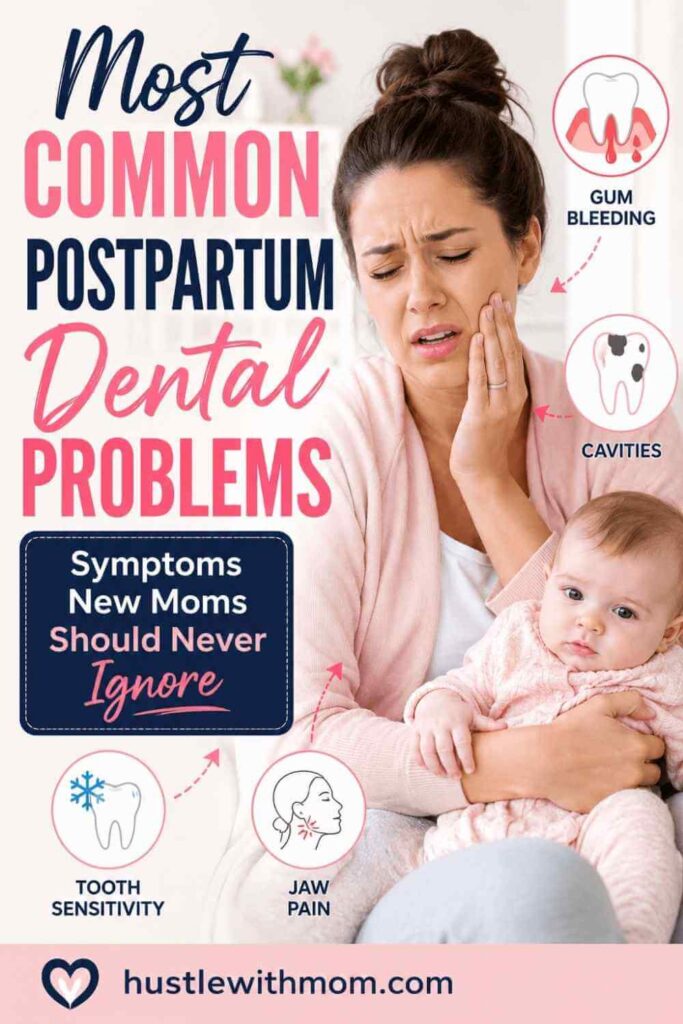 New mom experiencing tooth pain and gum problems after childbirth.