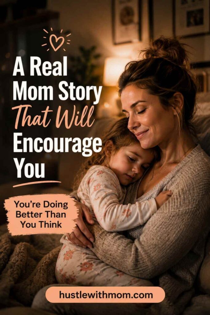 Emotional smiling mother holding her child after a long day with encouraging motherhood text overlay.