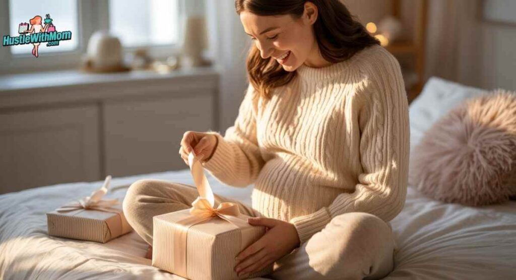 A happy pregnant woman in a cream knit sweater smiling as she opens a beautifully wrapped pregnancy gift box sitting on her bed in soft natural light.

