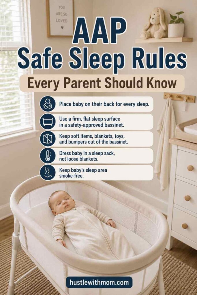 Safe sleep bassinet setup following AAP guidelines for newborn babies.