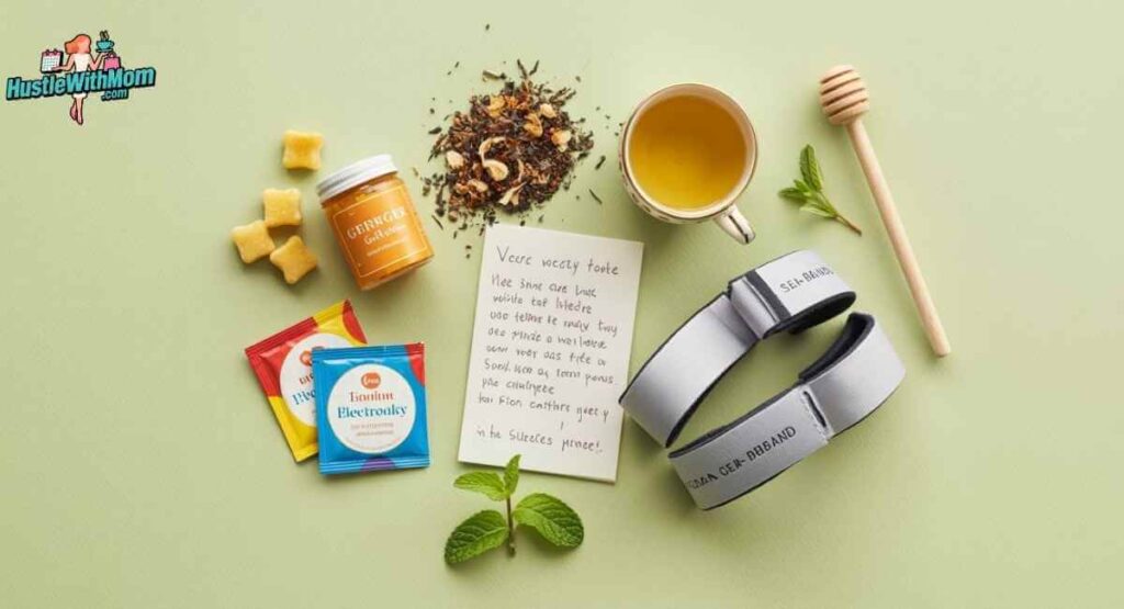A flat lay of first trimester pregnancy gift items including ginger chews, herbal pregnancy tea, electrolyte packets, Sea-Band wristbands, and a handwritten note on a sage green background.
