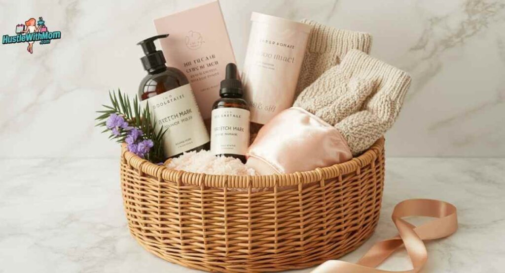 A woven rattan gift basket filled with pregnancy self-care products including botanical stretch mark oil, bath salts, a silk eye mask, and fuzzy socks on a marble surface with a gold ribbon.