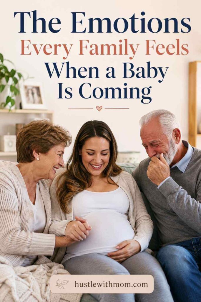 Pregnant woman sitting with her emotional parents in a cozy living room while sharing pregnancy news, creating a heartfelt family moment.
