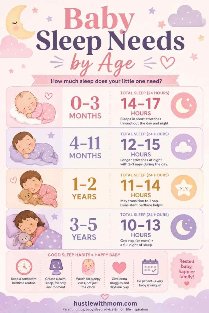 Pastel baby sleep infographic showing recommended sleep hours by age group.