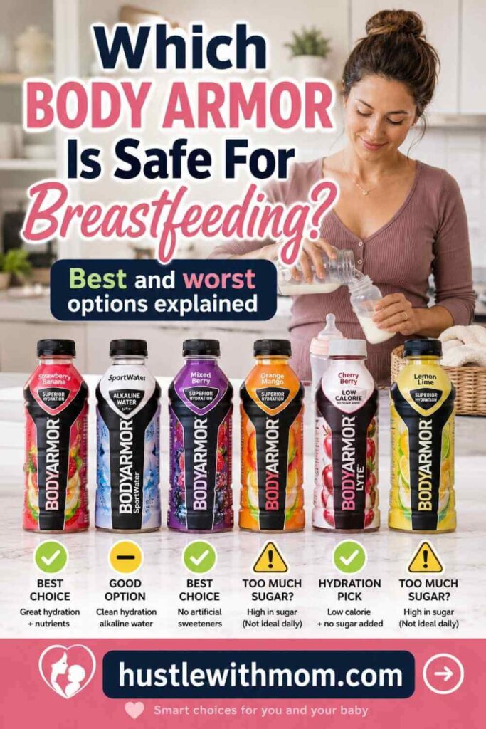 Different Body Armor drink bottles displayed beside breastfeeding essentials.