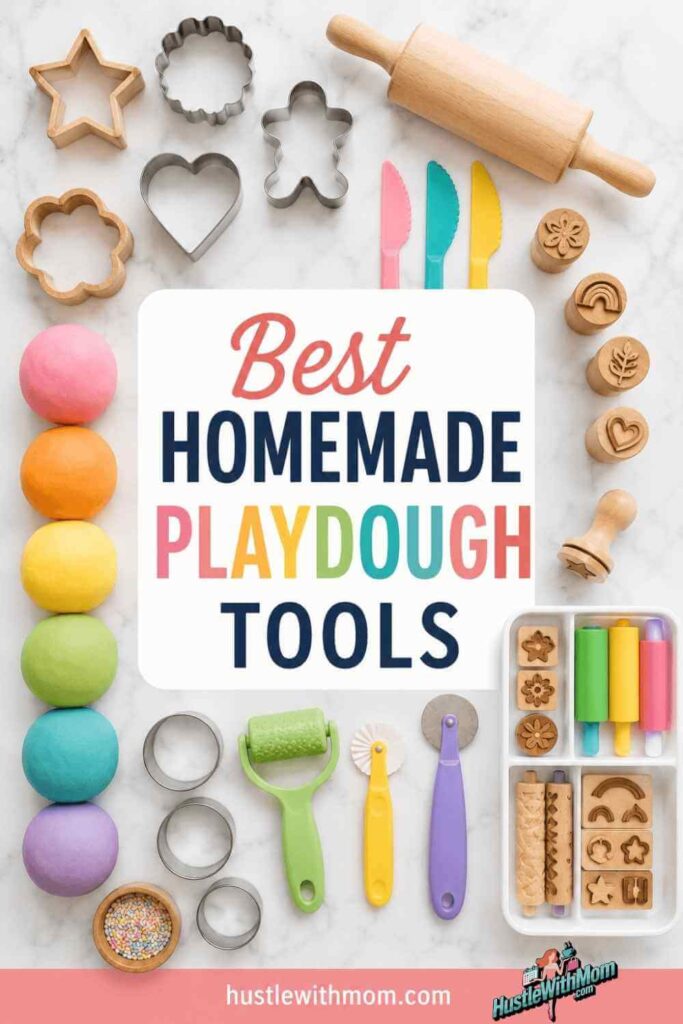 Neatly arranged playdough tools and cutters for kids activity ideas from hustlewithmom.com blog.