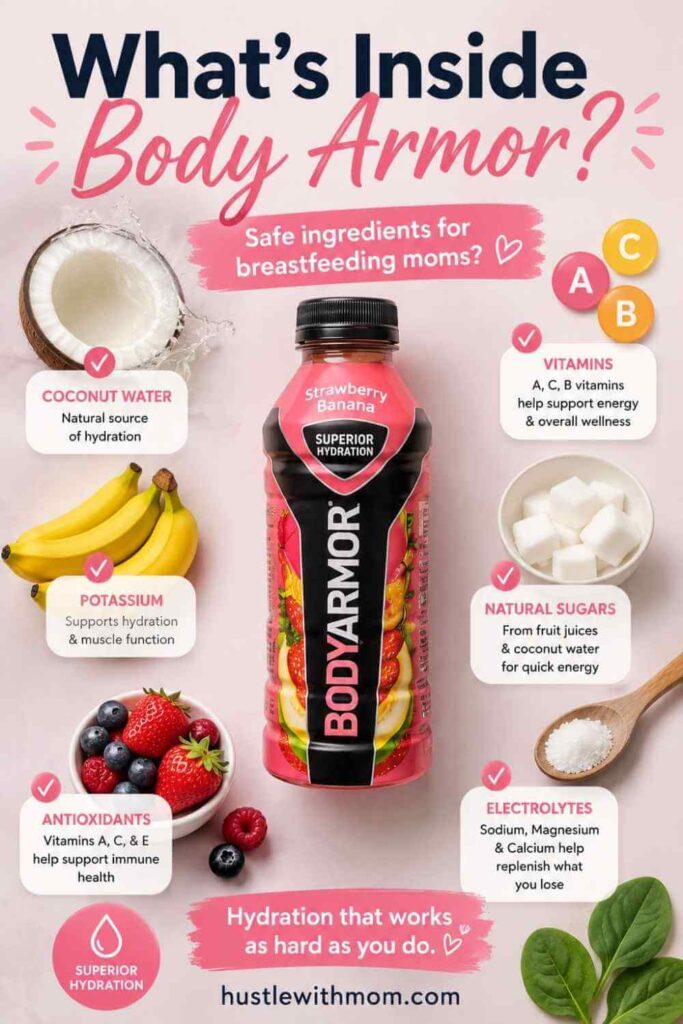 Close up of Body Armor drink ingredients with fruits and coconut water displayed beside bottle.