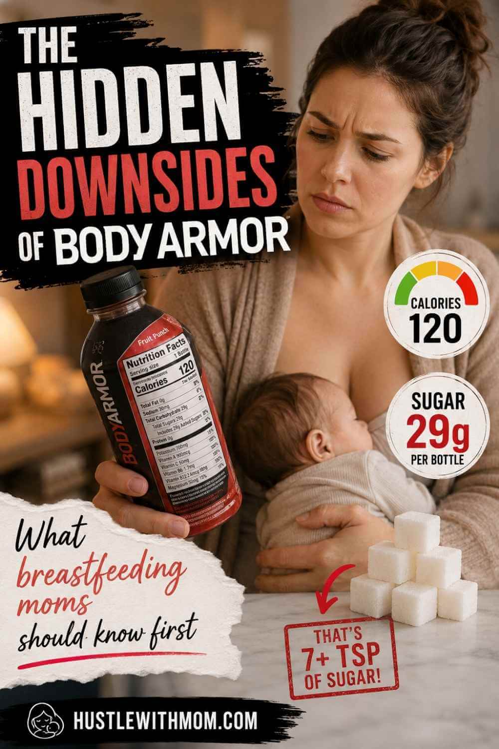 Breastfeeding mom reading Body Armor nutrition label with worried expression.