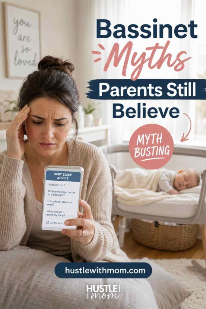 Mom researching bassinet sleep myths online while baby sleeps nearby