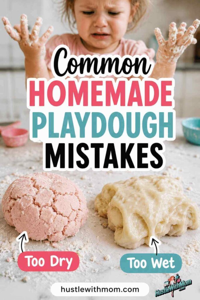 Comparison of dry and sticky homemade playdough showing common mistakes from hustlewithmom.com parenting guide.