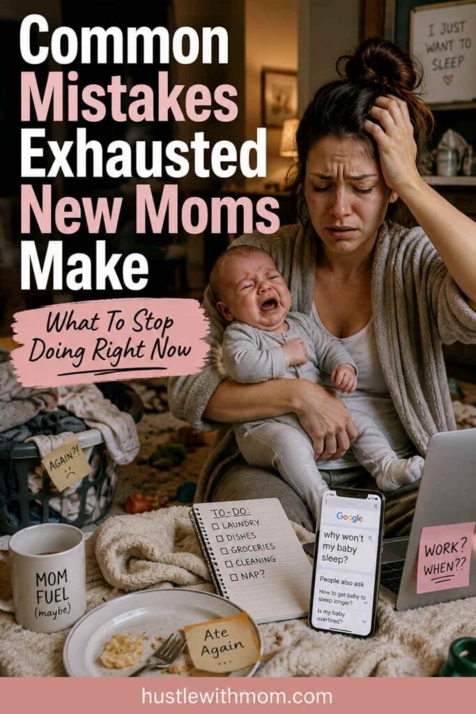 Overwhelmed exhausted mother multitasking with crying baby in messy home and text about common mistakes new moms make.
