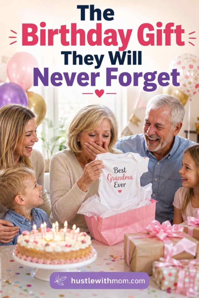 Mother opening a birthday gift and discovering a baby onesie while reacting with surprise and happiness during a family celebration.