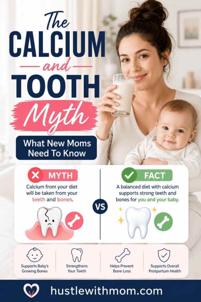New mom drinking milk while smiling confidently after learning about dental health myths.