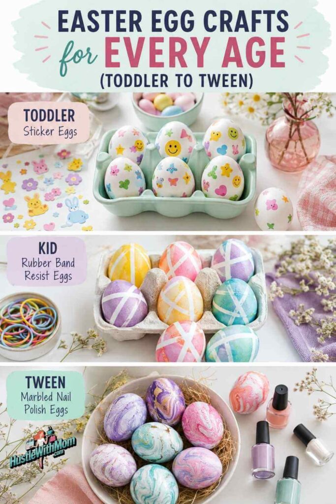 Easter egg craft ideas organized by age group, showing sticker eggs, rubber band resist eggs, and marbled nail polish eggs in a vertical flat lay.