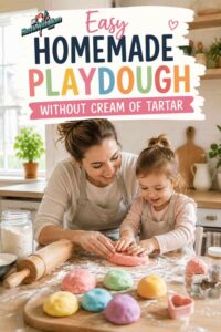 Homemade colorful playdough on a kitchen counter with a rolling pin and toddler hands.