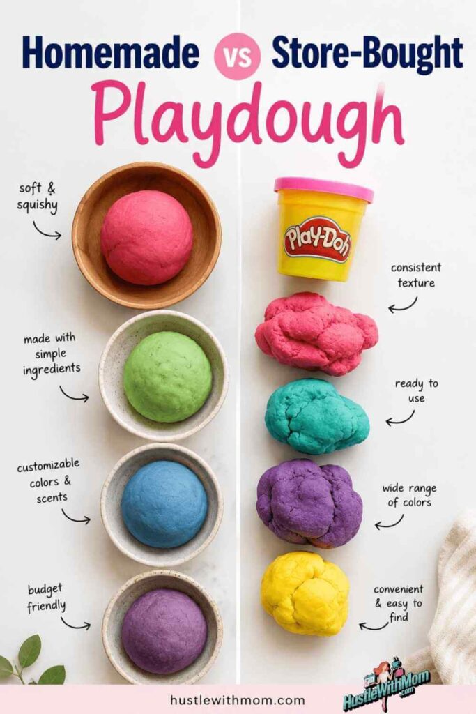 Side-by-side comparison of homemade and store-bought playdough from hustlewithmom.com parenting blog.