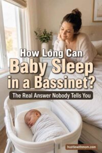 Newborn baby sleeping safely in a bassinet beside parents bed with parenting tips text overlay