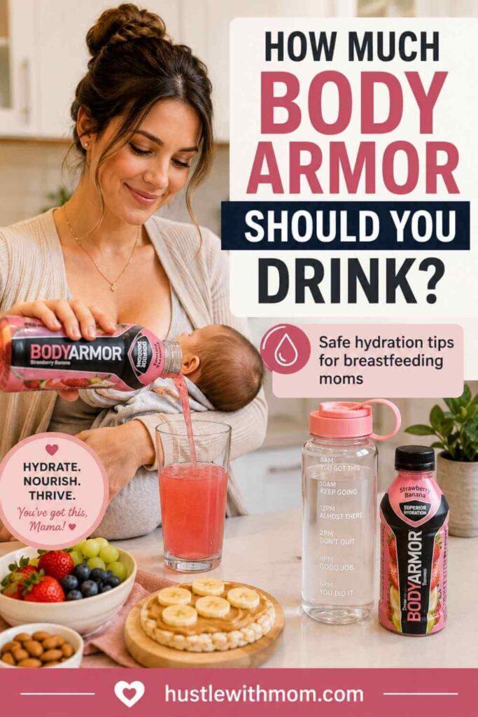 Body Armor drink beside water bottle and breastfeeding planner on table.