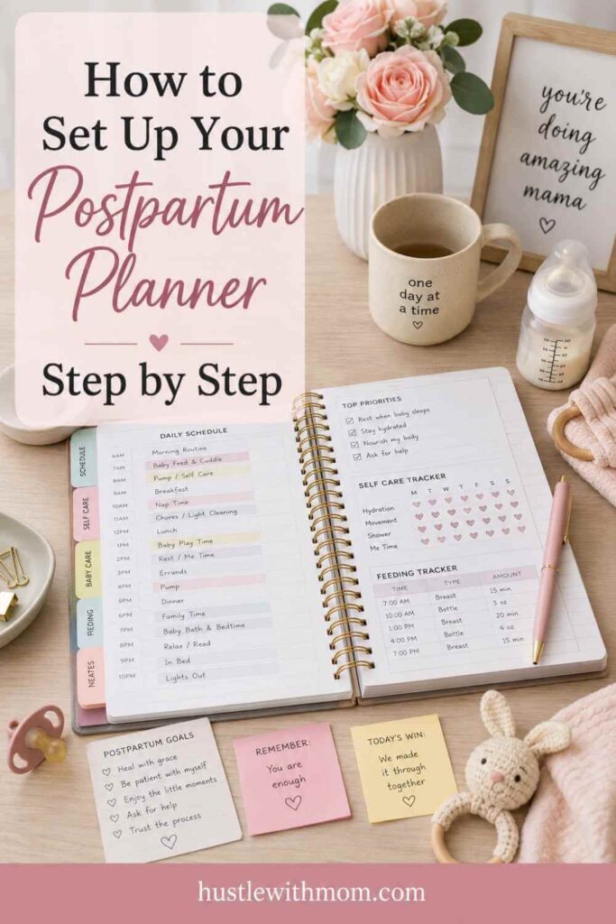 A fully organized postpartum planner setup with tabs and newborn planning pages.