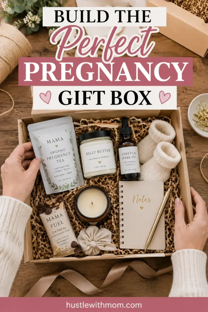 DIY pregnancy gift box with carefully selected gifts for expecting moms.