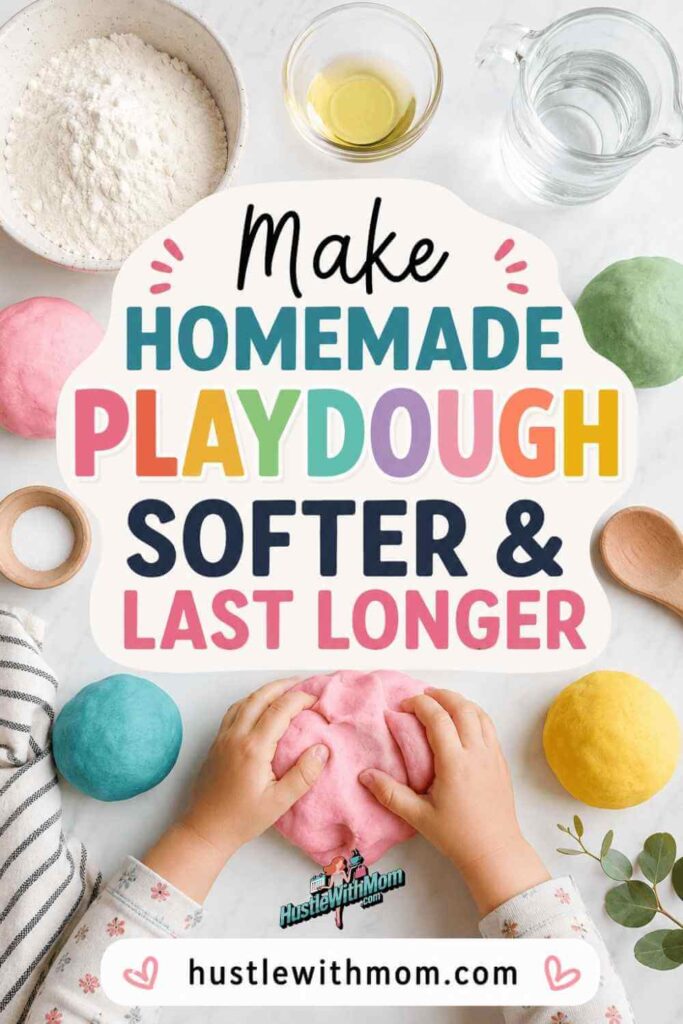 Hands kneading soft homemade playdough with ingredients on table showing tips from hustlewithmom.com on making playdough last longer.