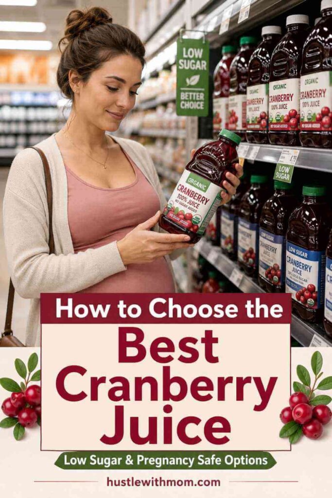 Pregnant woman comparing cranberry juice bottles while reading nutrition labels in a grocery store.
