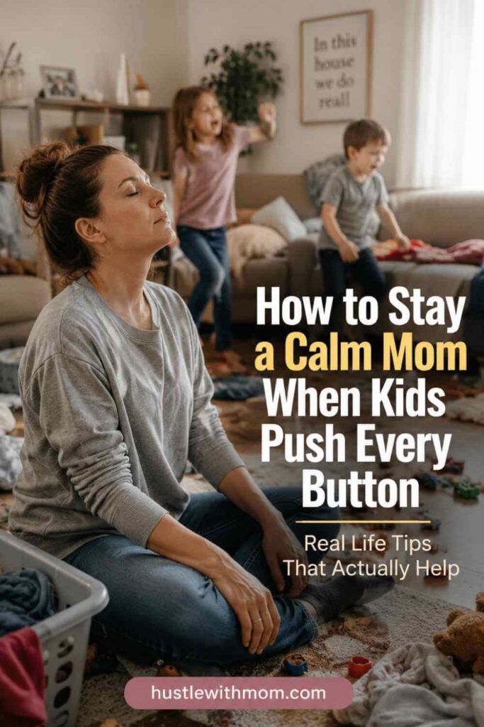 Tired mom staying calm while children create chaos in the background inside a family home.