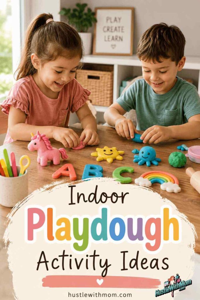 Kids creating shapes and animals with playdough during indoor activities from hustlewithmom.com ideas.