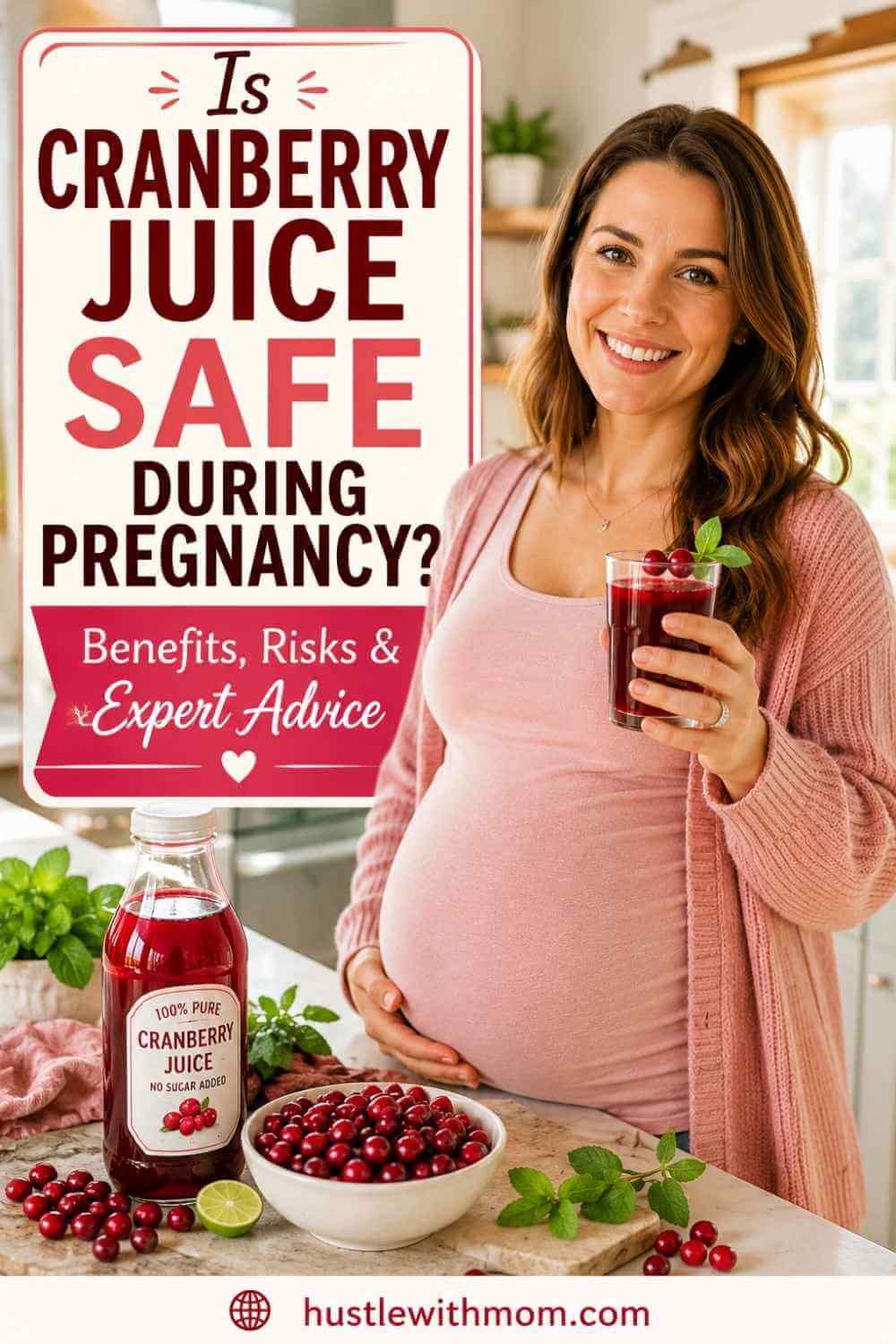 Pregnant woman drinking cranberry juice with bold pregnancy health text overlay for Pinterest.