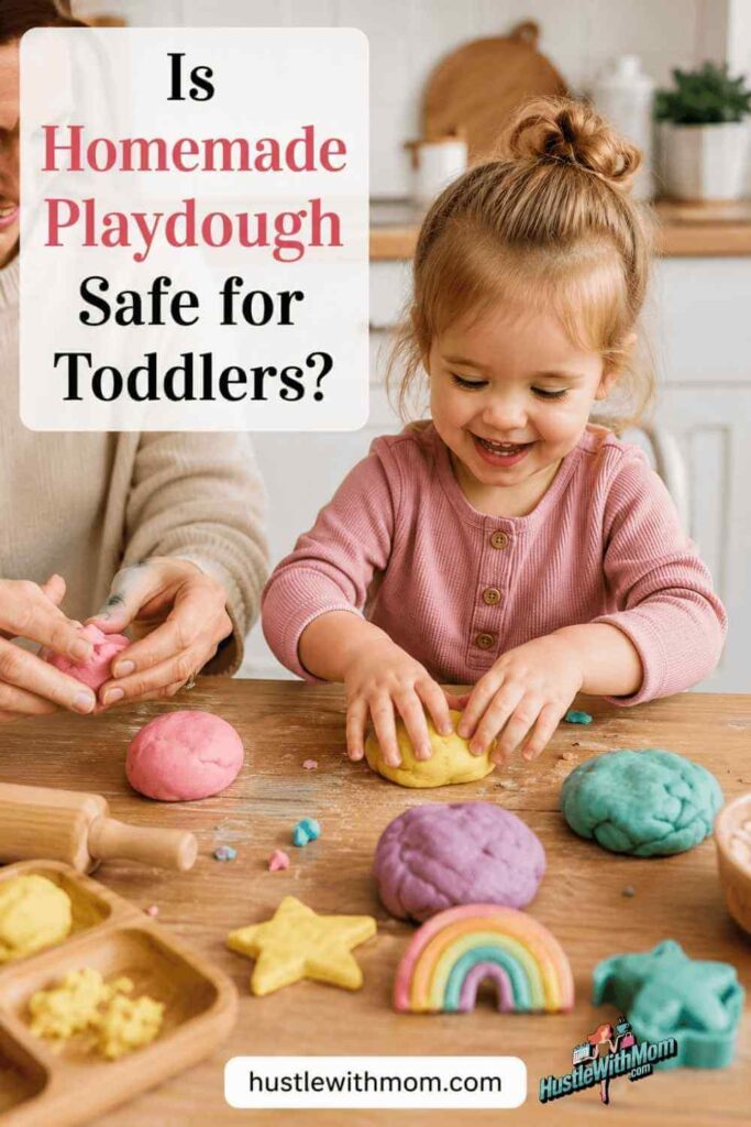 Toddler playing safely with homemade playdough under supervision from hustlewithmom.com safety guide.