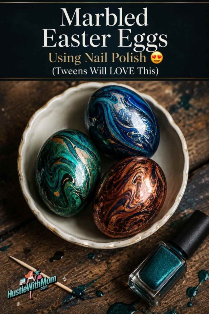Three jewel-toned marbled nail polish Easter eggs in a white ceramic bowl on a wooden surface with nail polish bottles beside them.