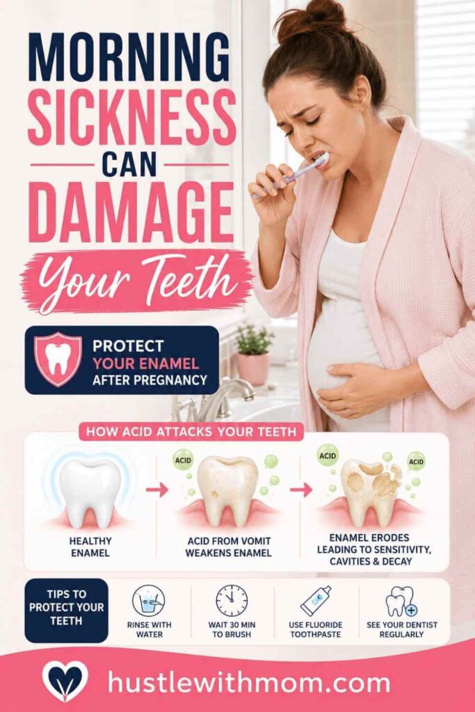 Pregnant or postpartum woman brushing teeth after nausea and acid reflux.