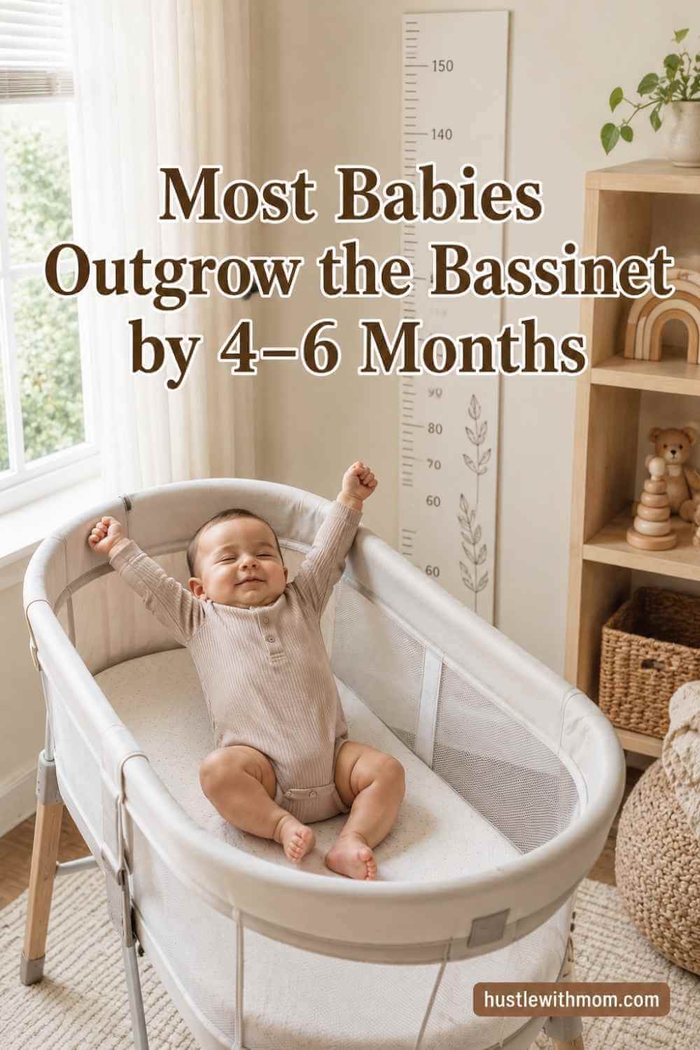 Four month old baby in bassinet with text explaining when babies outgrow bassinets.