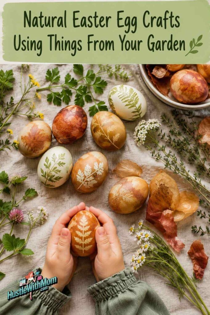 Nature-inspired Easter eggs decorated with leaf prints, herb silhouettes, and natural onion skin dye on a linen cloth with fresh greenery.