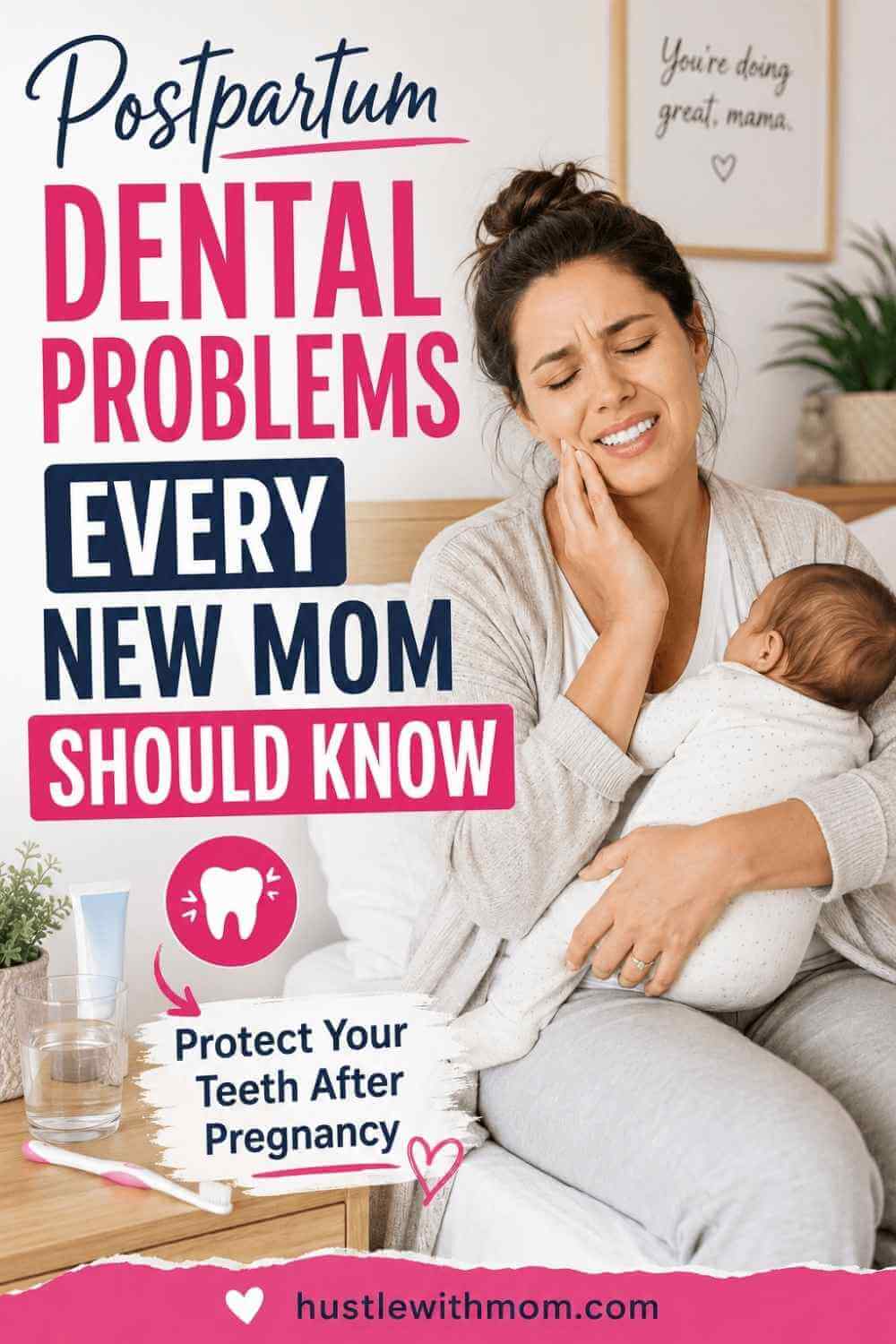 New mom holding baby while touching her jaw because of postpartum tooth pain in a bright modern home.