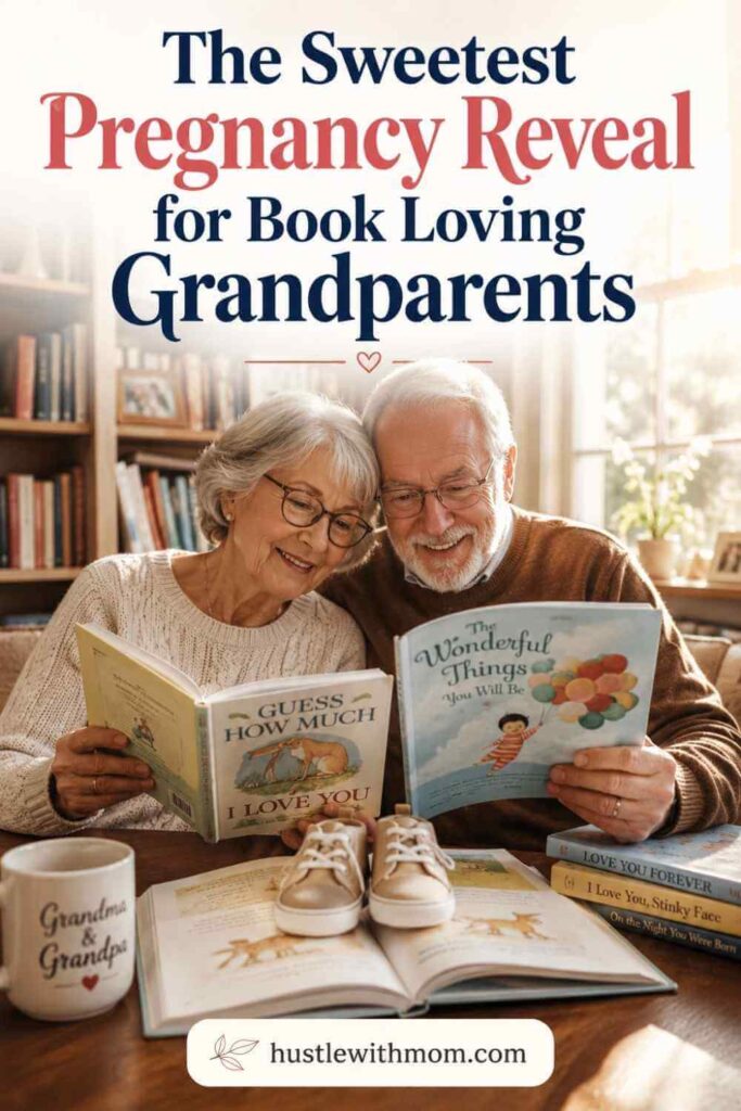 Grandparents reading children's books in a cozy home library with baby shoes and a pregnancy announcement reveal beside them.