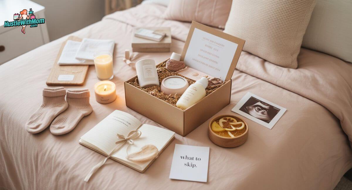 Pregnancy gift box filled with self-care essentials, baby items, ginger tea, and thoughtful gifts for expecting moms on a cozy bed.