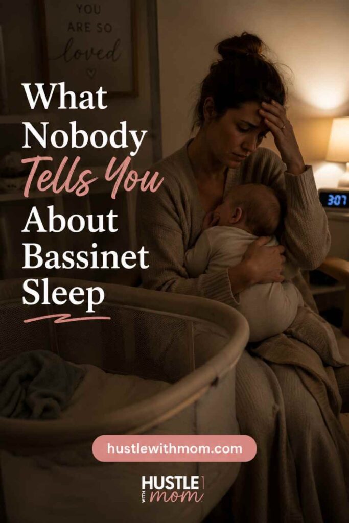 Exhausted mom awake at night beside baby bassinet during newborn stage.