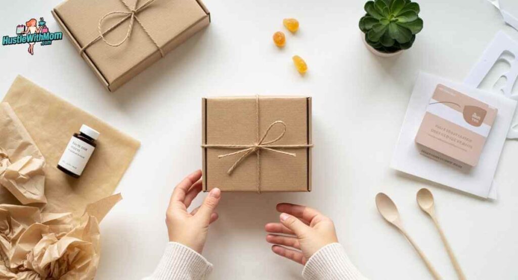 Step-by-step flat lay showing a woman's hands assembling a DIY pregnancy gift box with kraft paper, tissue paper, belly cream, and ginger candies arranged on a white surface.
