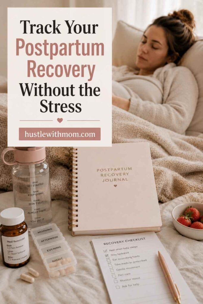 A postpartum recovery planner with wellness tracking pages beside a resting mother.
