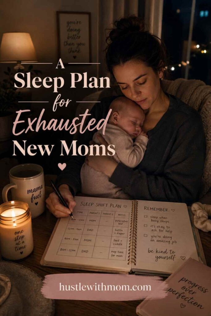 A tired new mom planning nighttime baby care and sleep shifts in a planner.