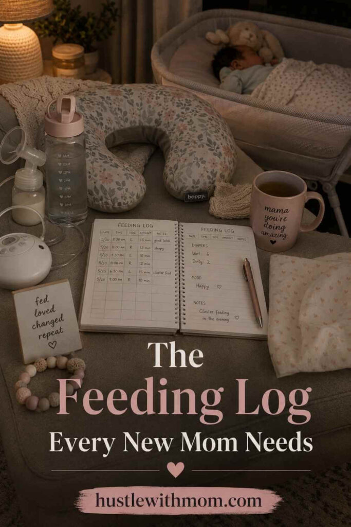 A breastfeeding station with a feeding log planner and baby essentials.