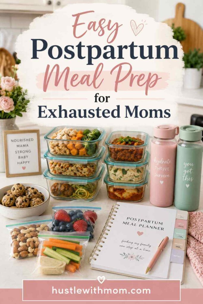 Healthy postpartum meal prep containers beside a nutrition planner in a kitchen.