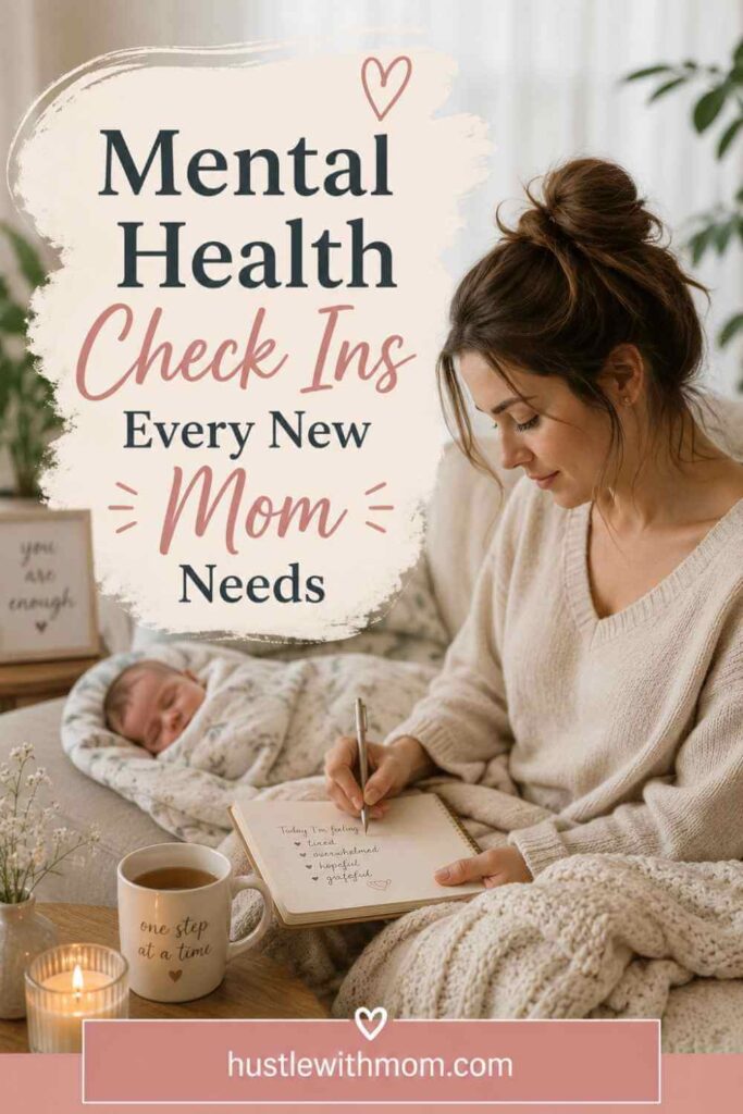 A new mom journaling about her emotions while her newborn sleeps nearby.