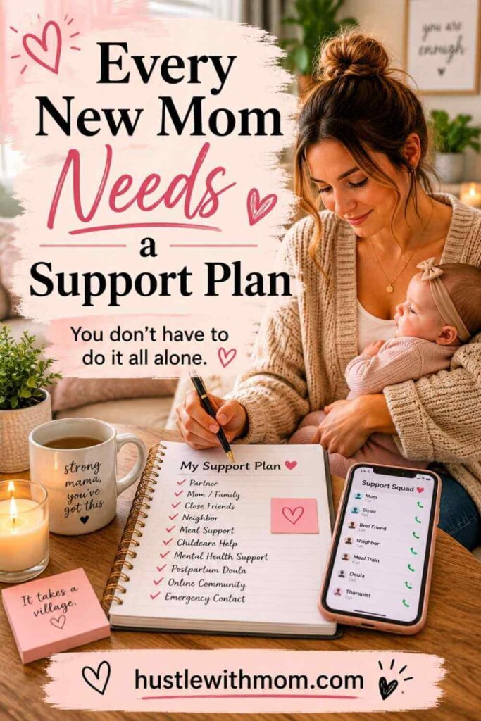 A mother planning her postpartum support network while caring for her baby.