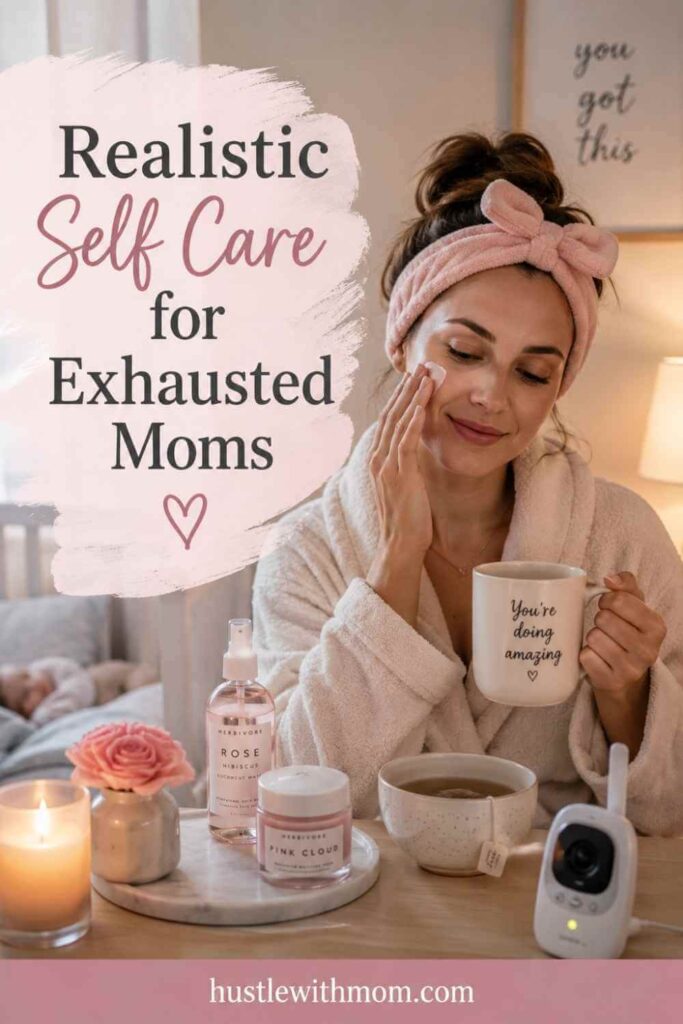 A new mom taking a quiet self care break while monitoring her sleeping baby.