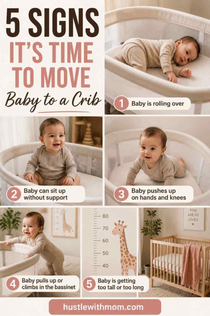 Baby showing developmental signs that indicate it’s time to move from bassinet to crib.