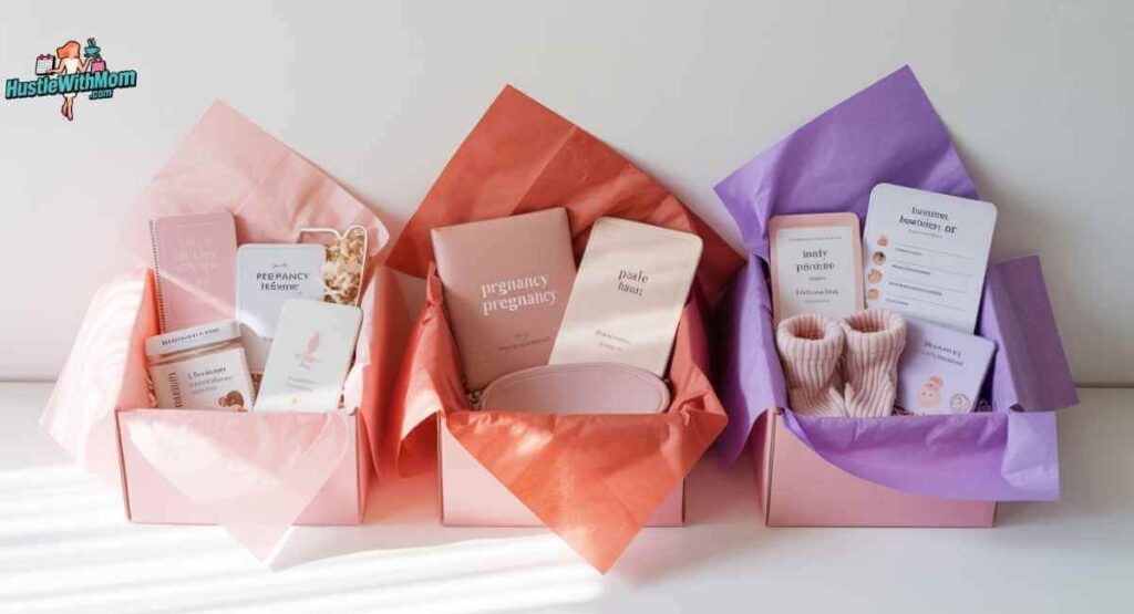 Three pregnancy gift boxes styled side by side representing first, second, and third trimester themes with different colored tissue paper and items on a clean white surface.
