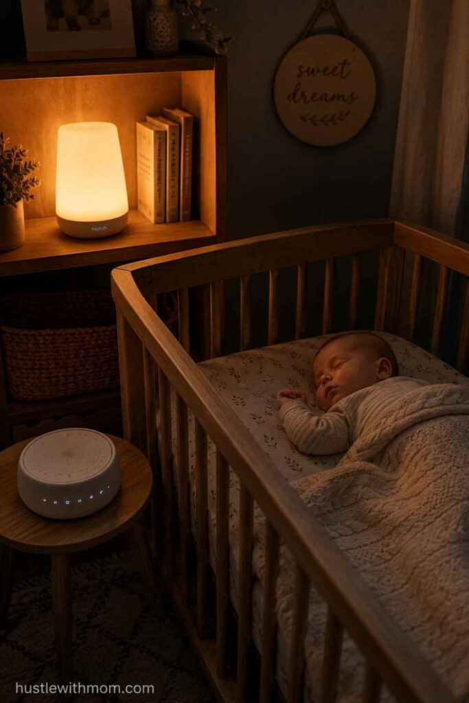Peaceful nighttime nursery with sleeping baby, Hatch Rest light, and white noise machine.